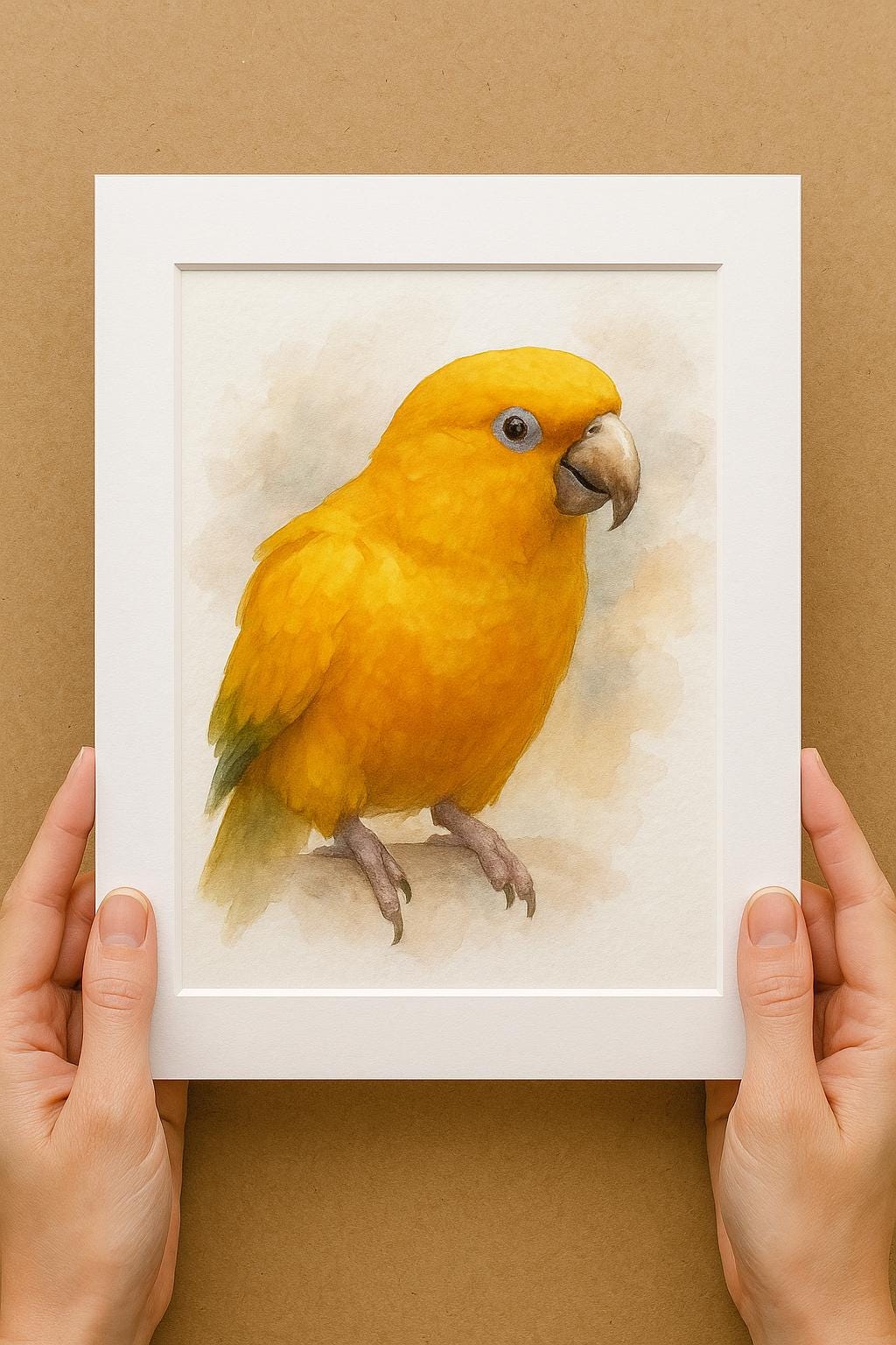 A person&#39;s hands are holding a white picture frame containing a watercolor painting of a vibrant yellow parrot.