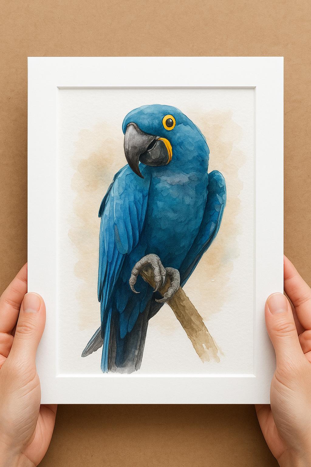 A person&#39;s hands are holding a framed watercolor painting of a blue parrot with a yellow beak.