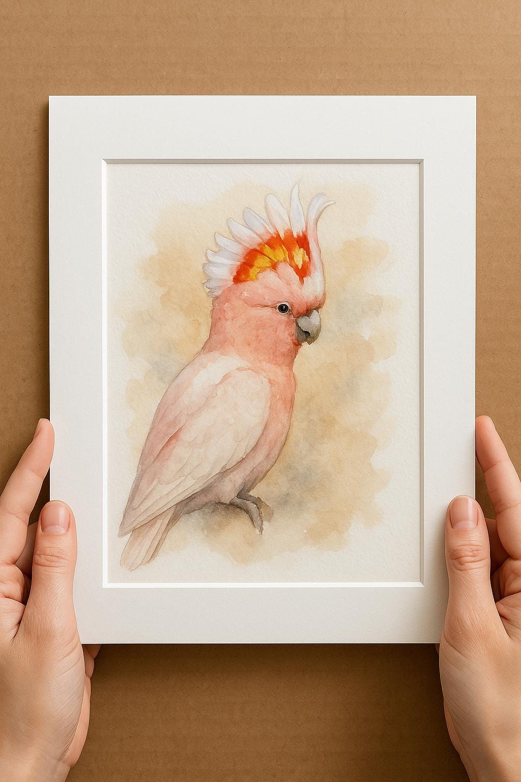 A person&#39;s hands are holding a white picture frame containing a watercolor painting of a pink and orange cockatoo.