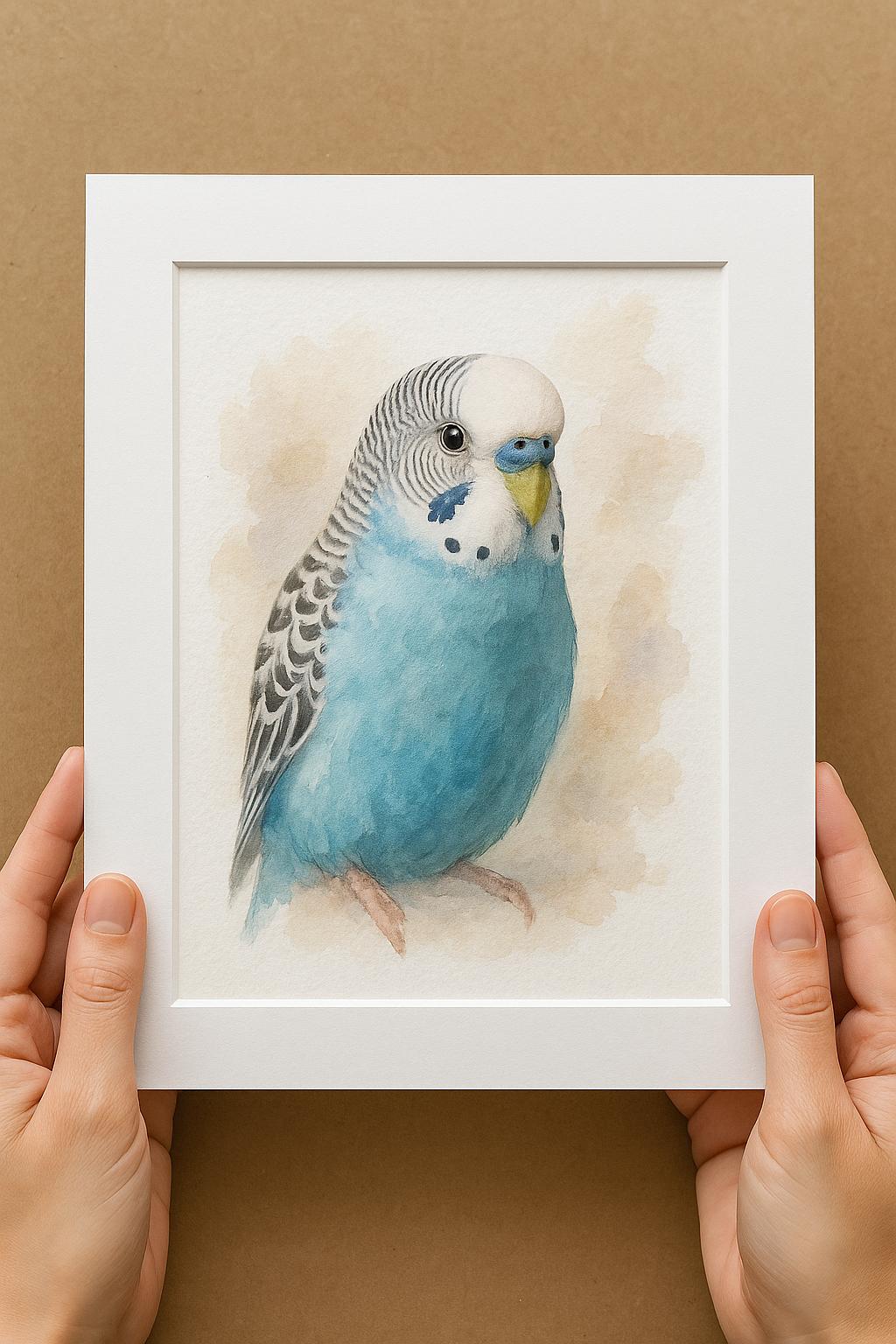 A person&#39;s hands are holding a white picture frame containing a watercolor painting of a blue parakeet.