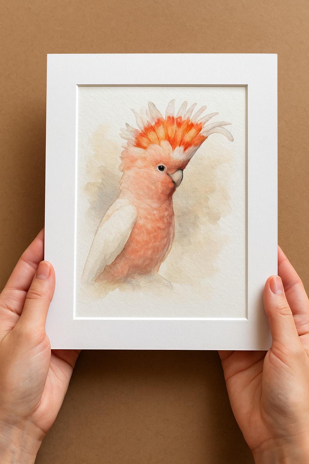 A person&#39;s hands are holding a white picture frame containing a watercolor painting of a colorful parrot with a vibrant orange and red crest.