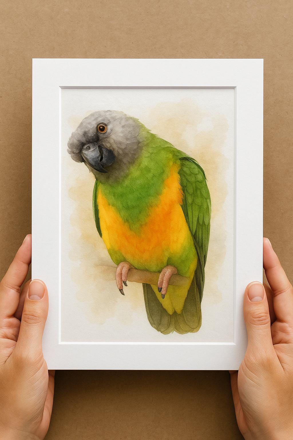 A person&#39;s hands are holding a white picture frame containing a detailed painting of a colorful parrot.