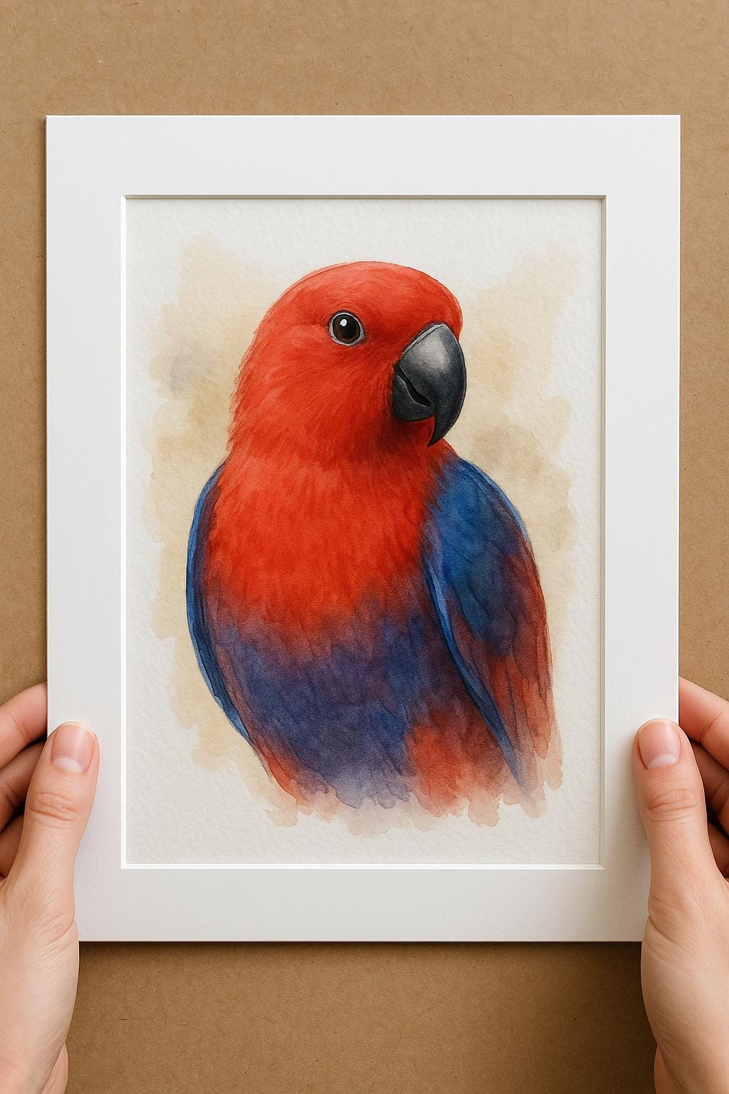 A person&#39;s hands are holding a framed watercolor painting of a vibrant red and blue parrot.