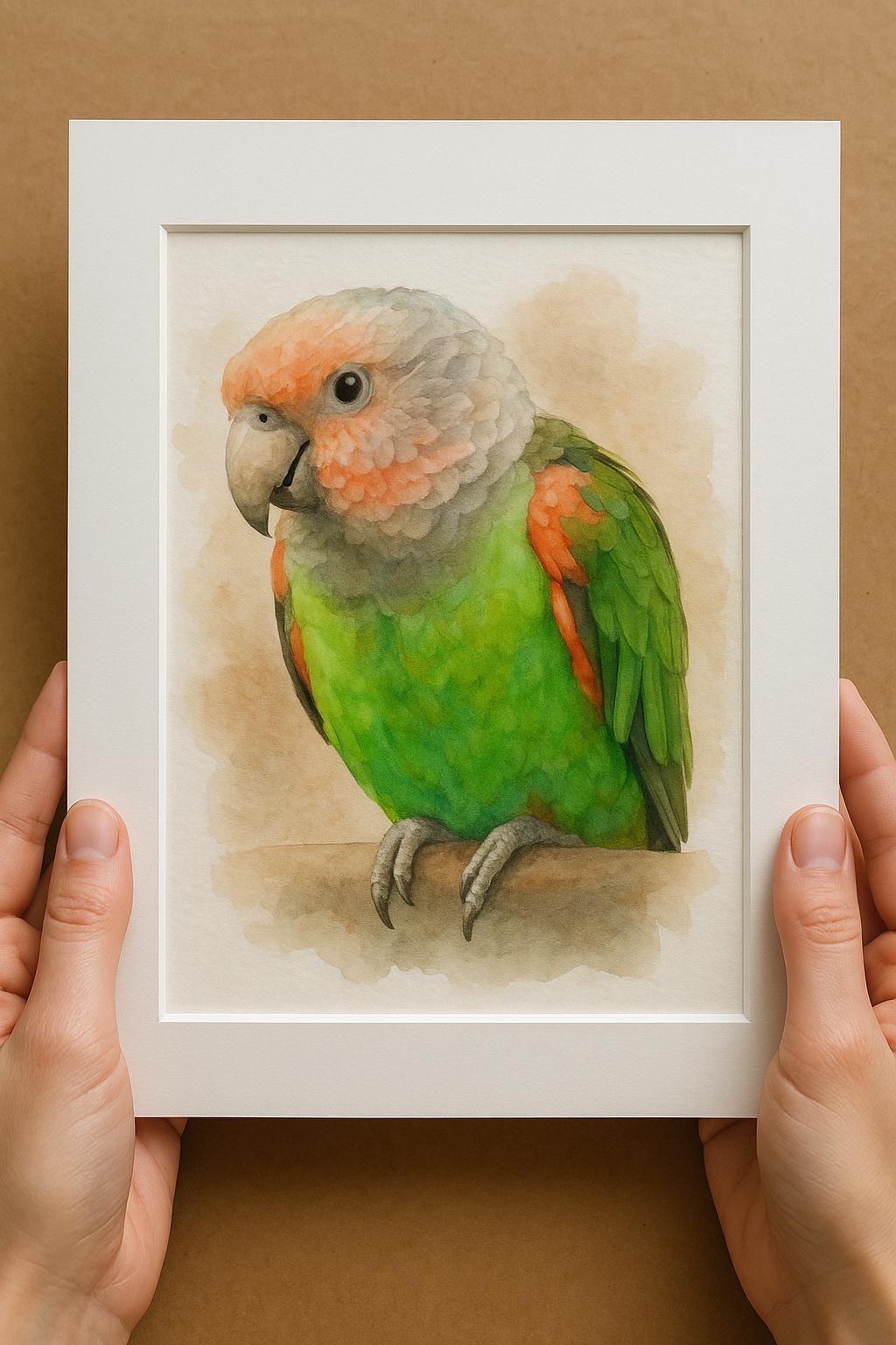 A person&#39;s hands are holding a framed watercolor painting of a colorful parrot, which appears to be a detailed and vibrant depiction of the bird.