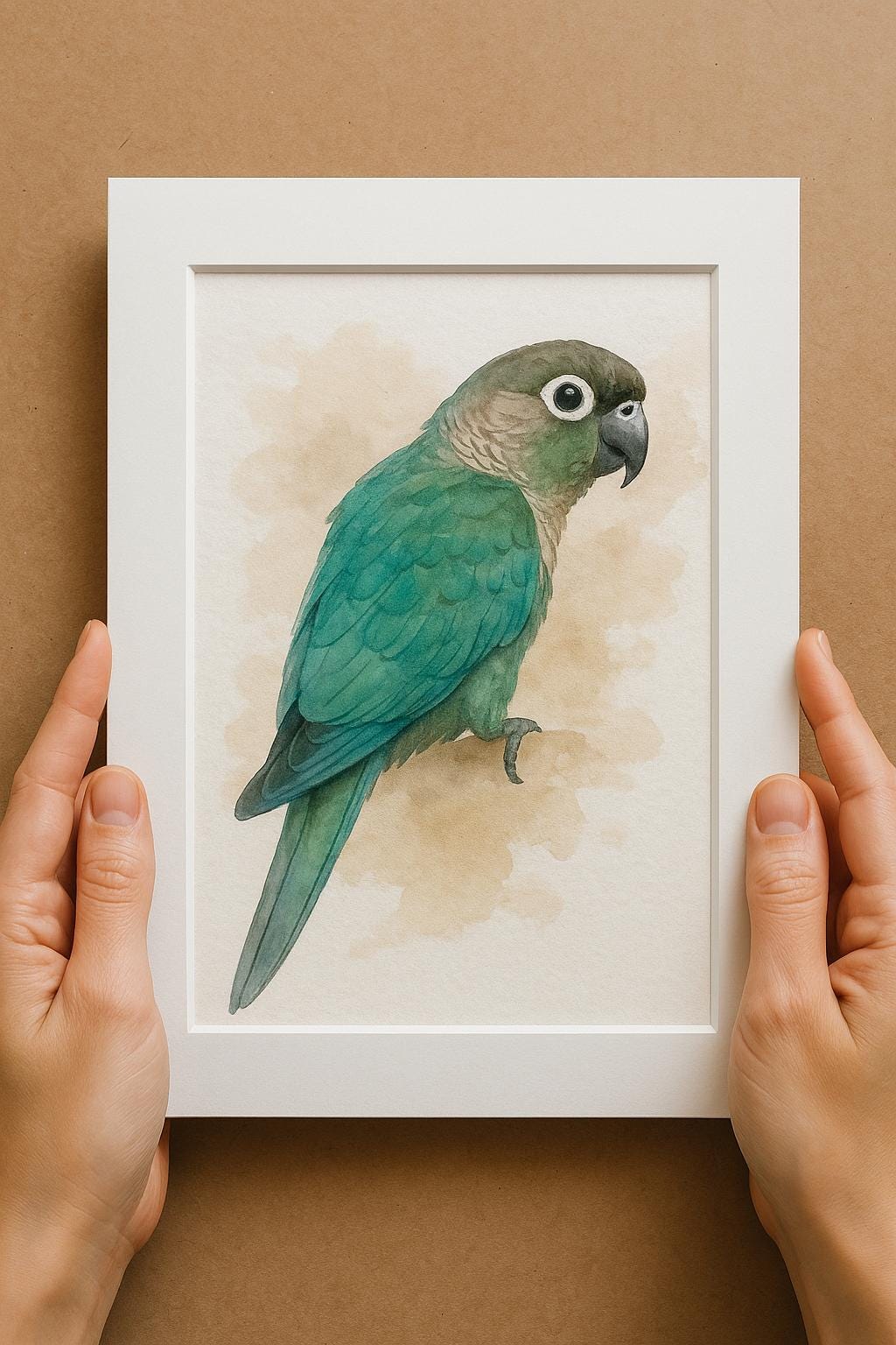 A person&#39;s hands are holding a white picture frame containing a watercolor painting of a green parrot.