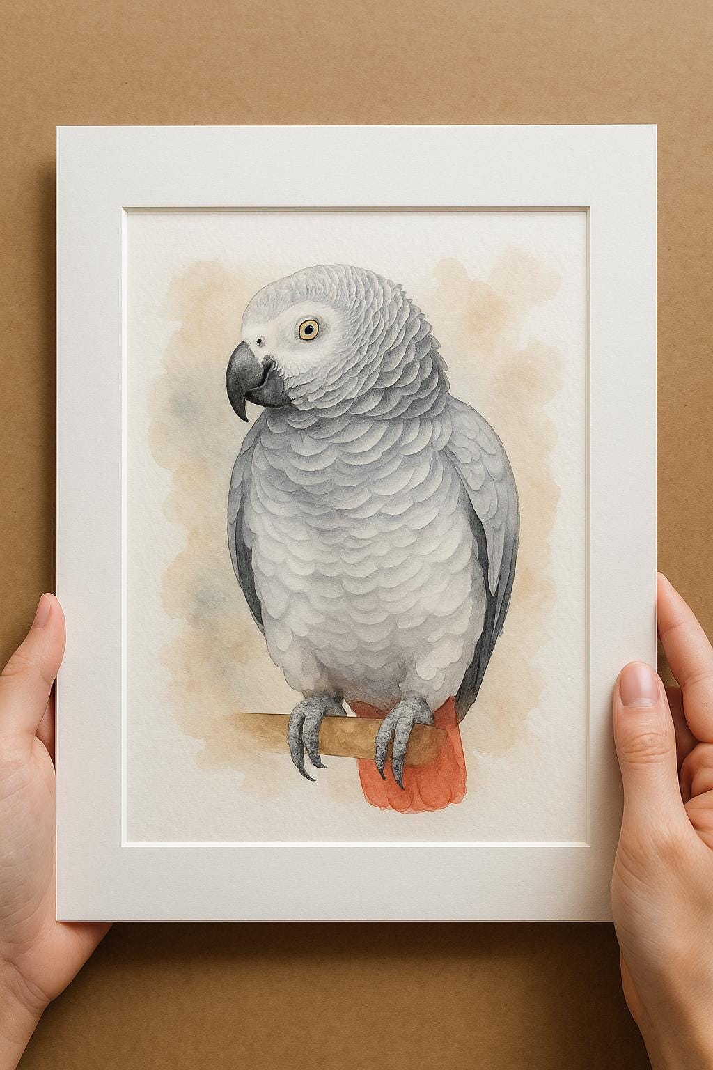 A person&#39;s hands are holding a white picture frame containing a detailed watercolor painting of a gray parrot perched on a branch.