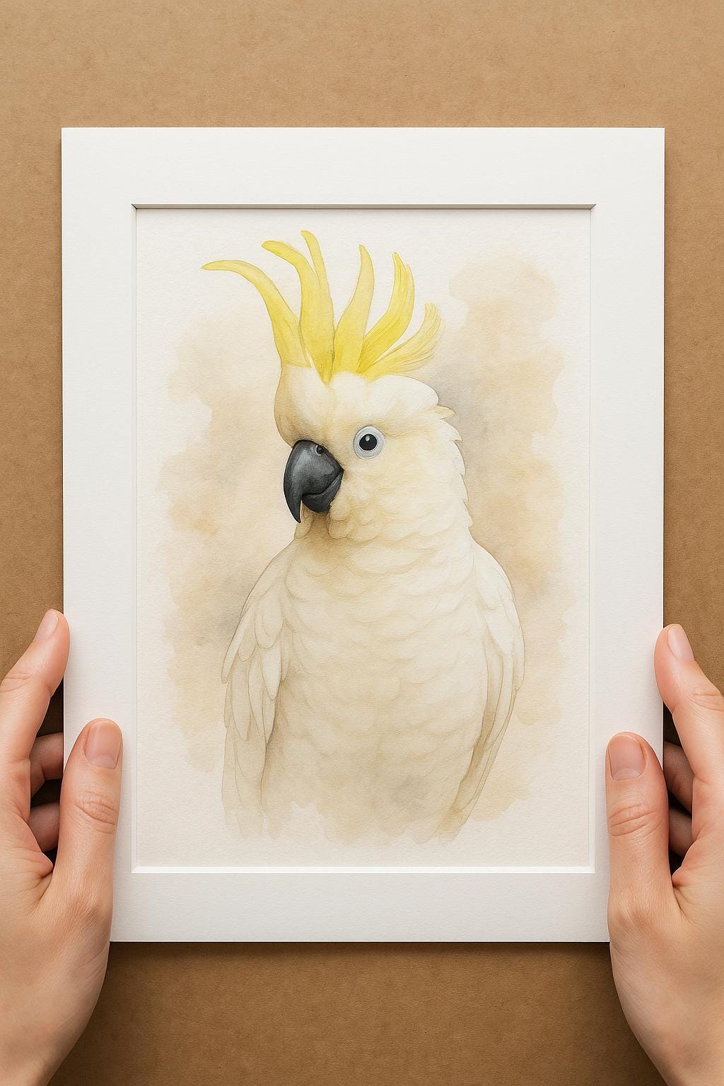 A person&#39;s hands are holding a framed watercolor painting of a white cockatoo with yellow crest and beak.