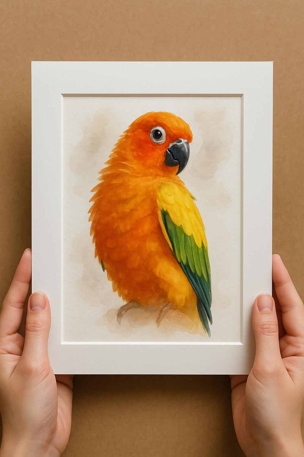 A person&#39;s hands are holding a white picture frame containing a vibrant painting of a colorful parrot.