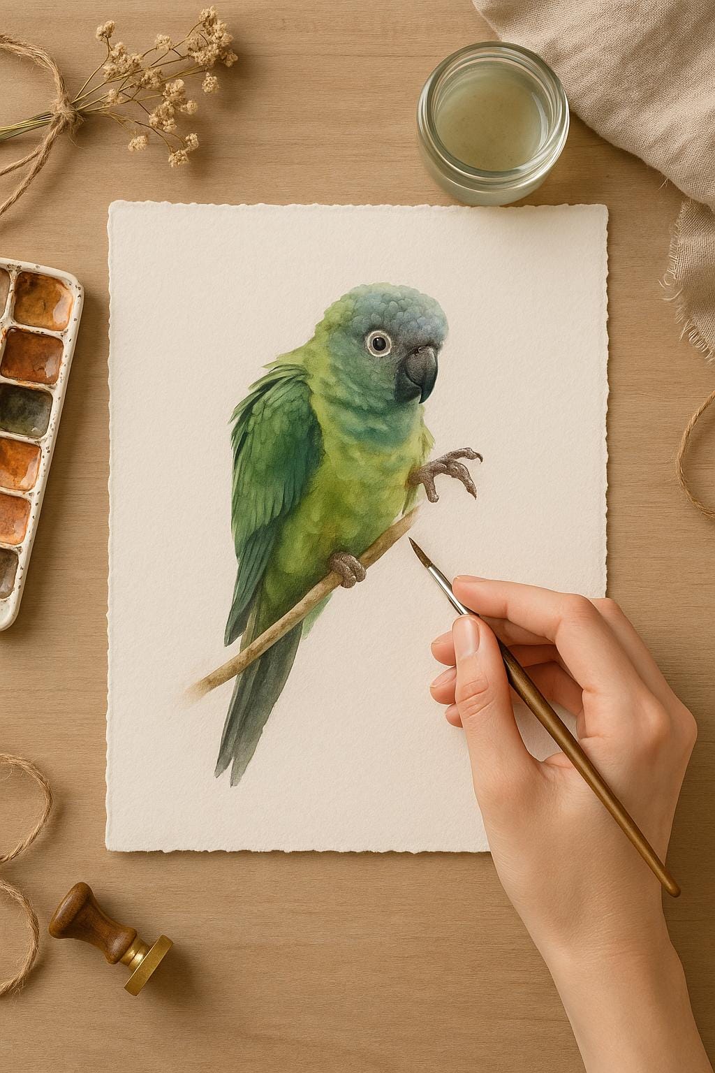 A hand is painting a detailed illustration of a green parrot on a piece of paper, surrounded by various art supplies and a glass of water.